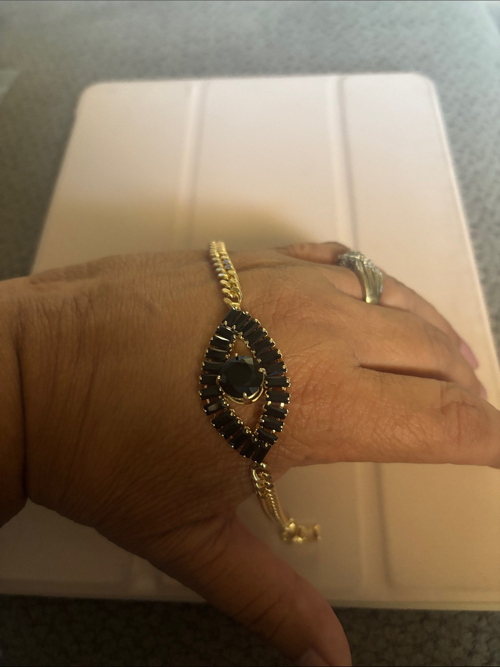 Gold Bracelet with Black Stone Evil eye Marquise Center